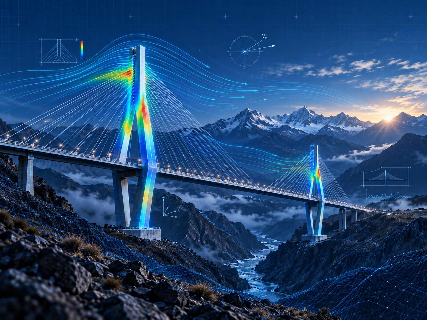 Puente atirantado con simulación de viento